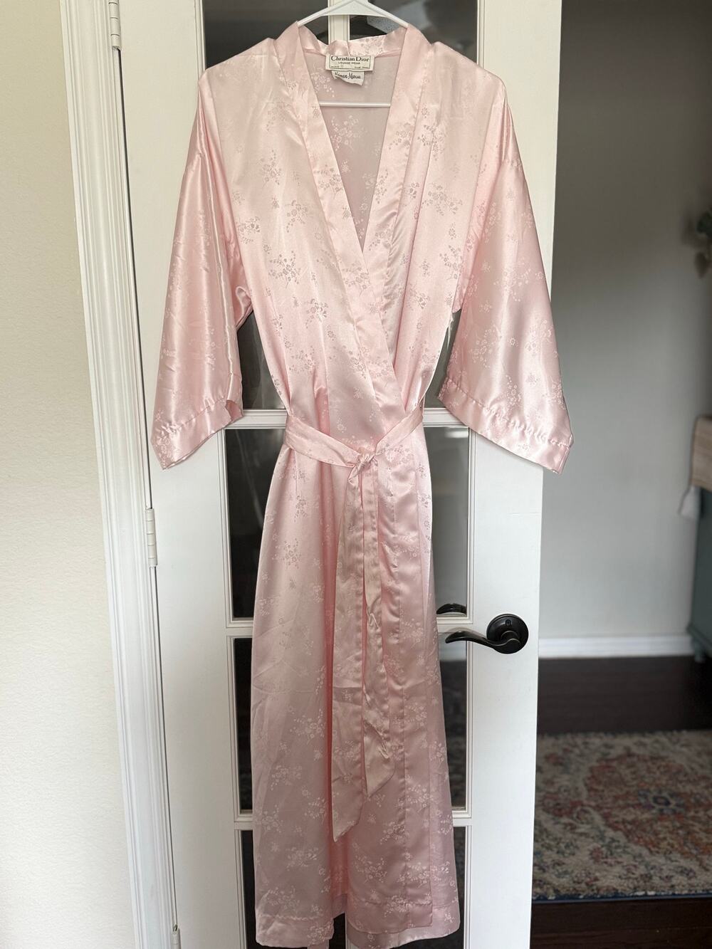 Vintage 80s Christian Dior Pink Satin Floral Jacquard Robe Belted Pockets Large